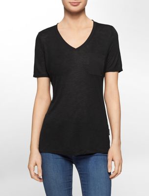calvin klein womens solid vneck highlow slub tshirt eBay