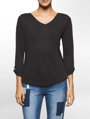 calvin klein womens mixed media long sleeve vneck top eBay