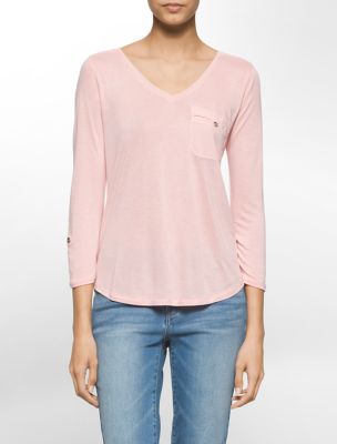 calvin klein womens mixed media long sleeve vneck top eBay