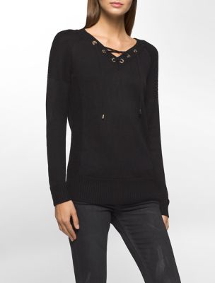 calvin klein womens vneck laceup sweater