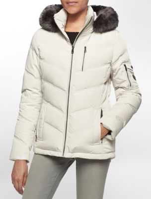 calvin klein womens chevron stitched faux fur hood puffer coat jacket
