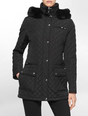 calvin klein womens faux fur quilted hooded puffer coat jacket eBay