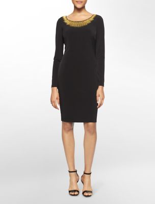 calvin klein womens gold hardware neckline long sleeve dress