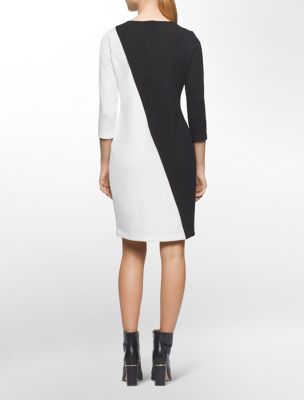 calvin klein womens black + white colorblock 3/4 sleeve sheath dress