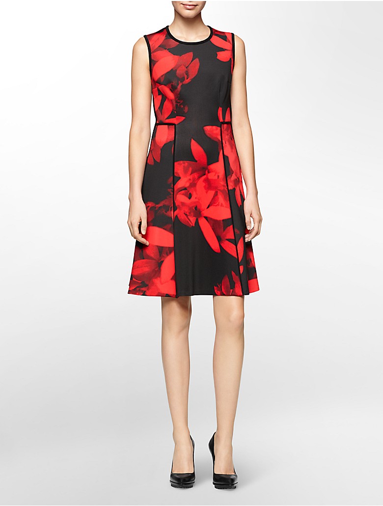 calvin klein womens exploded floral print sleeveless fit + flare dress