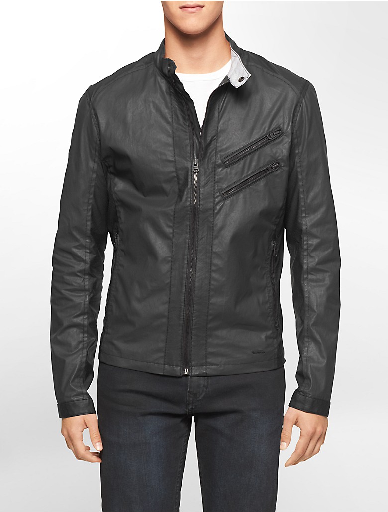 calvin klein mens perforated faux leather trim moto jacket