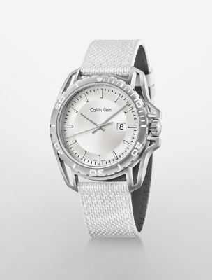 earth white textile watch $450.00