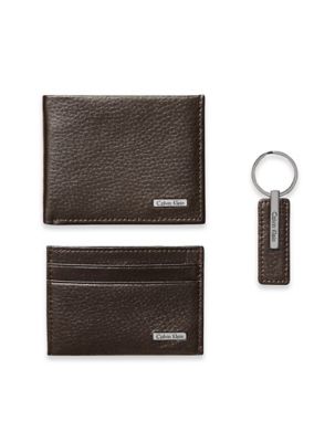 calvin klein mens pebble leather wallet + keychain 3 piece set brown eBay