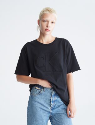Calvin Klein Women's Soft Crew Neck Rolled Sleeve Graphic Logo T-shirt  (DFV, L) 