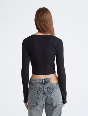 Black Long Sleeve Top, Women Crop Top in Black, Cotton Cropped T-shirt -   Canada