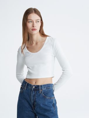 Cotton Contour Rib Cropped Long Sleeve T-Shirt, Brilliant White