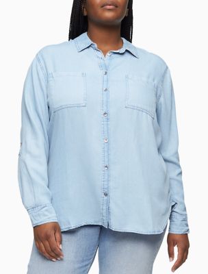 Plus Size Garment-Dyed Classic Button-Down Shirt, Chambray