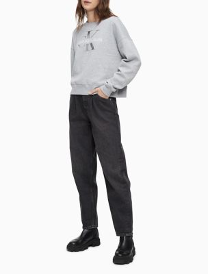 Metallic Monogram Logo Cropped Sweatshirt, Pearl Grey Heather