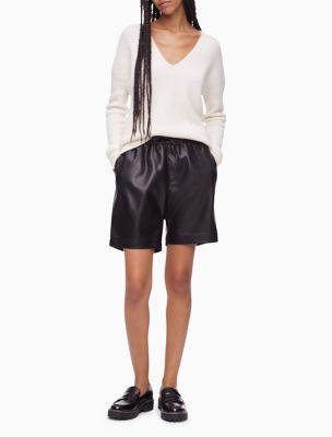 Faux Leather Drawstring Shorts, Black