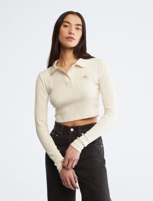 Long sleeve cropped polo shirt best sale