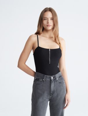 Women's Black Wide Strap Square Neck Rib Corset Top