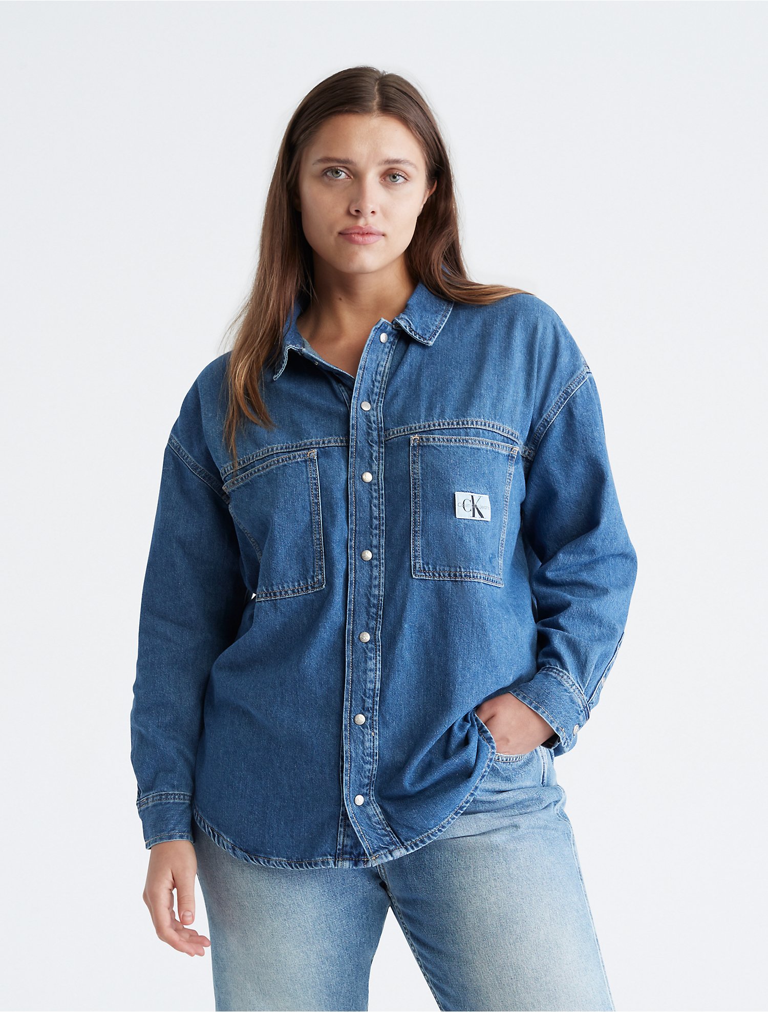Huh Boren nooit Plus Size Denim Utility Shirt Jacket | Calvin Klein