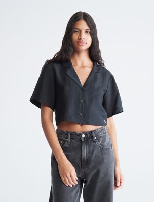 Black short sleeve button down womens best sale