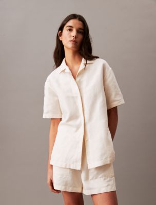 Linen Blend Camp Button Down Shirt Calvin Klein