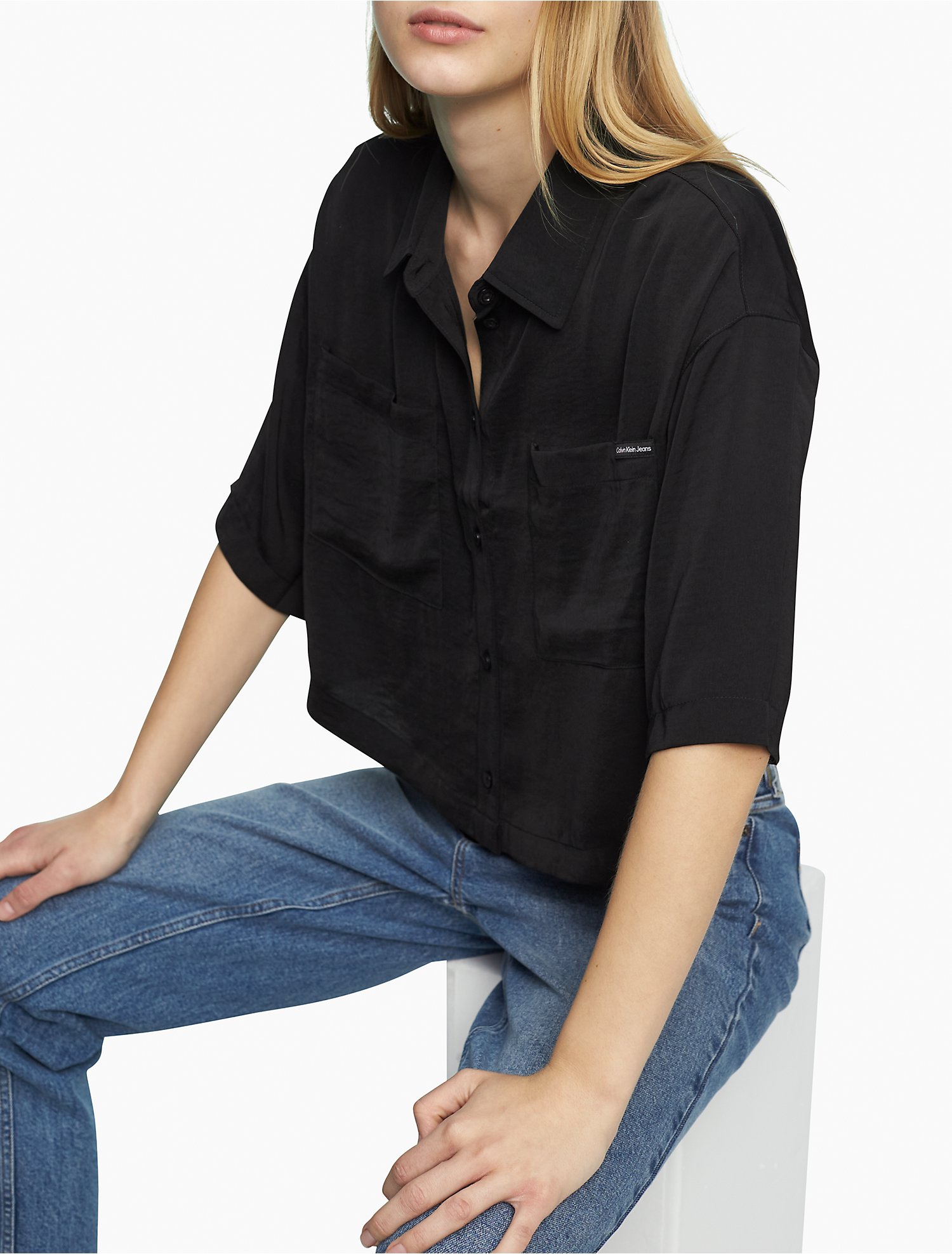 Cropped Short Sleeve Button-Down Shirt | Calvin Klein