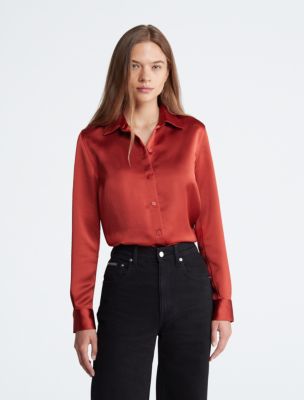 Satin Classic Button-Down Shirt, Ketchup