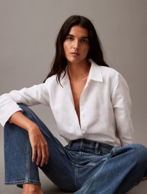 Calvin Klein Crepe Point Collar Long Sheer Sleeve Side Slit Button