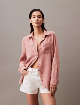 Textured Button-Front Roll-Sleeve Shirt, Ash Rose