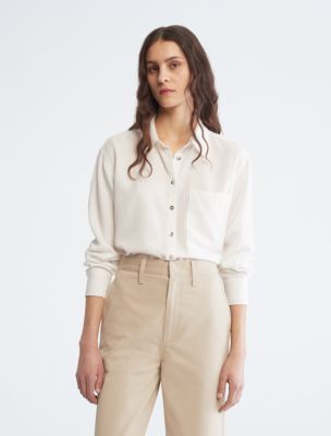 Calvin klein women's white button best sale down shirt