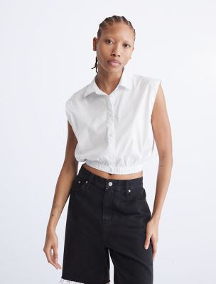 Fitted Button-Down Cropped Shirt, White
