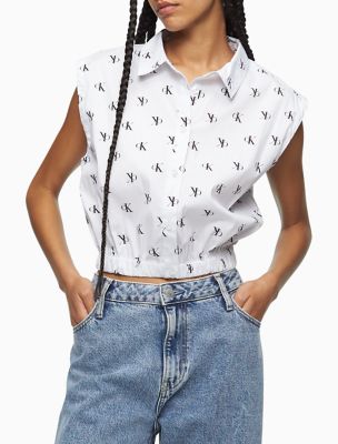 Allover Logo Cropped Relaxed Button-Down Shirt, White