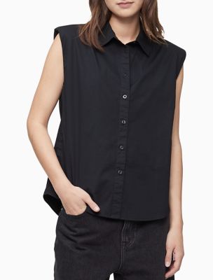 Black sleeveless button down shirt hotsell