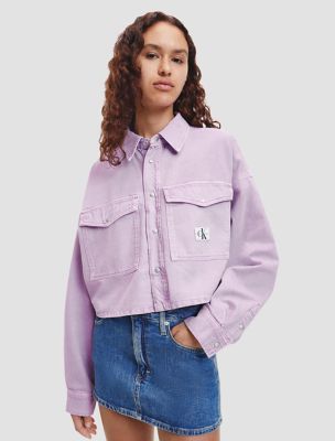 Oversized Cropped Button-Down Shirt, Iris Orchid