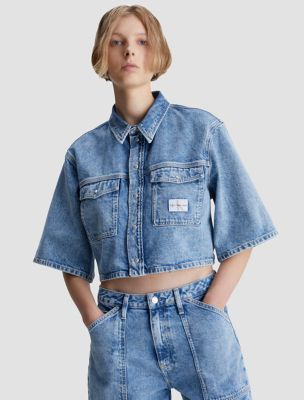 Cropped Denim Short Sleeve Shirt Blue