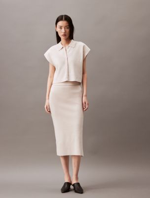 Cropped Boxy Fit Button-Down Shirt + Split Hem Midi Skirt, 