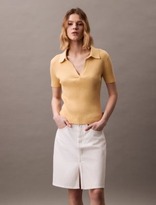 Smooth Cotton Rib Sweater Polo Shirt, Sahara Sun