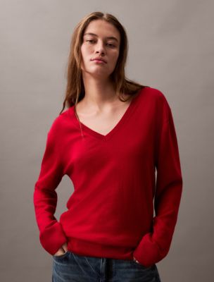 Extra Fine Merino Blend V-Neck Sweater, Scarlet