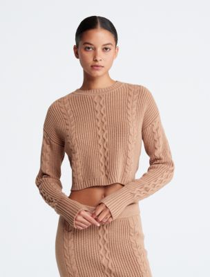 Cropped Cable Knit Crewneck Sweater, Teak #1