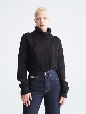 Black turtleneck cable knit sweater hotsell