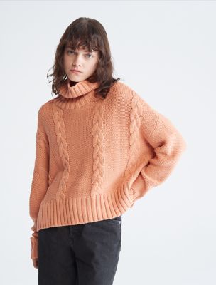 Cable Knit Turtleneck Sweater, Tea Rose