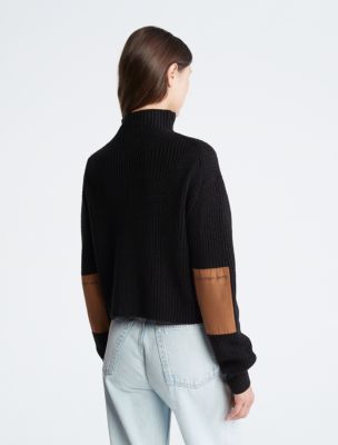 Ribbed Elbow Patch Mock Neck Sweater