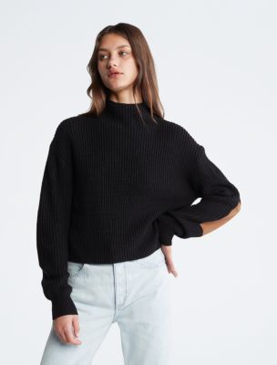 Ribbed Elbow Patch Mock Neck Sweater