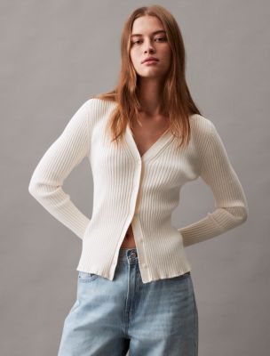 Smooth Cotton Rib Sweater Cardigan, Antique White