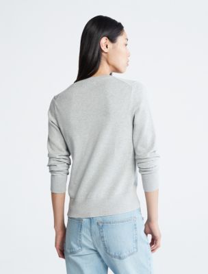 Smooth Cotton V-Neck Sweater, History Heather