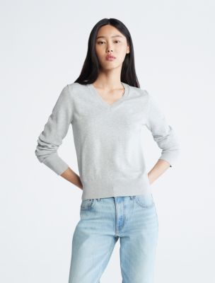 Smooth Cotton V-Neck Sweater, History Heather