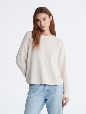 Smooth Cotton Waffle Crewneck Sweater, Chalk Heather