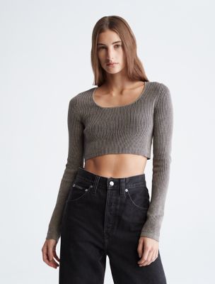 Stay Extra Black Ribbed Straight Neck Crop Top