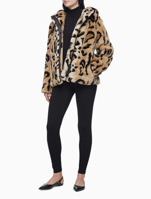 calvin klein faux fur leopard coat