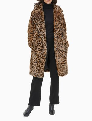 calvin klein faux fur leopard coat
