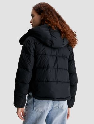 Hooded black down jacket with rubber monogram