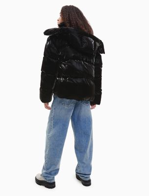 Calvin Klein Women's Oversized Repreve Shiny Puffer Jacket - Black - L